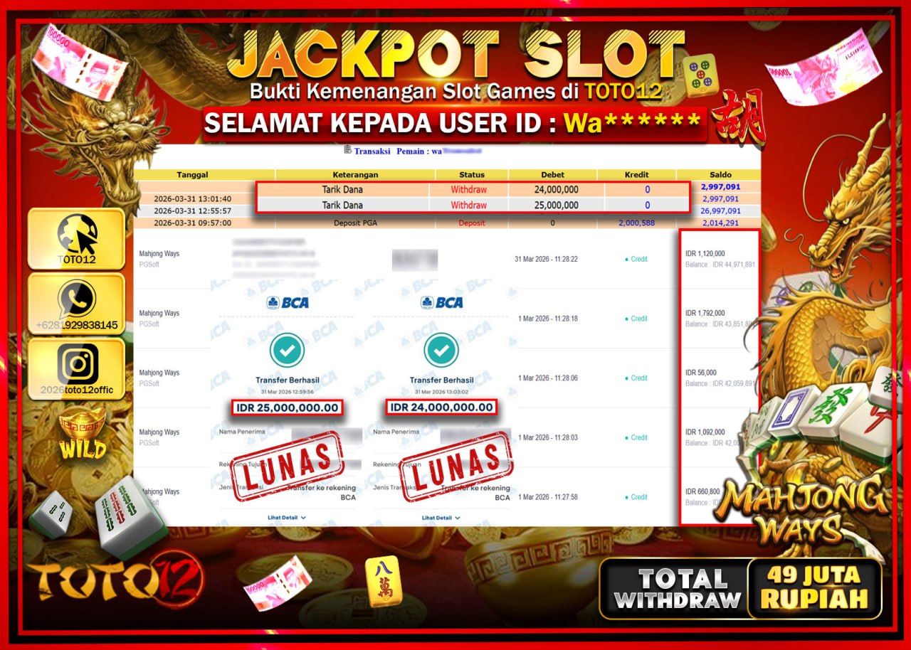 HANYA DI TOTO12 JP PASTI DI BAYAR LUNAS DAN CEPAT!!!!!! JACKPOT SLOT GAME (MAHJONG WAYS) Rp.24.000.000!!!!