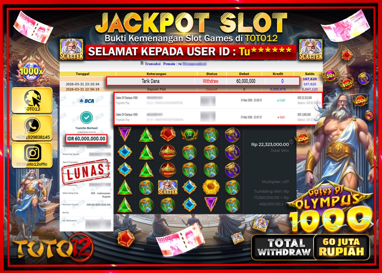 HANYA DI TOTO12 JP PASTI DI BAYAR LUNAS DAN CEPAT!!!!!! JACKPOT SLOT GAME (GATES OF OLYMPUS 1000) Rp.60.000.000!!!!