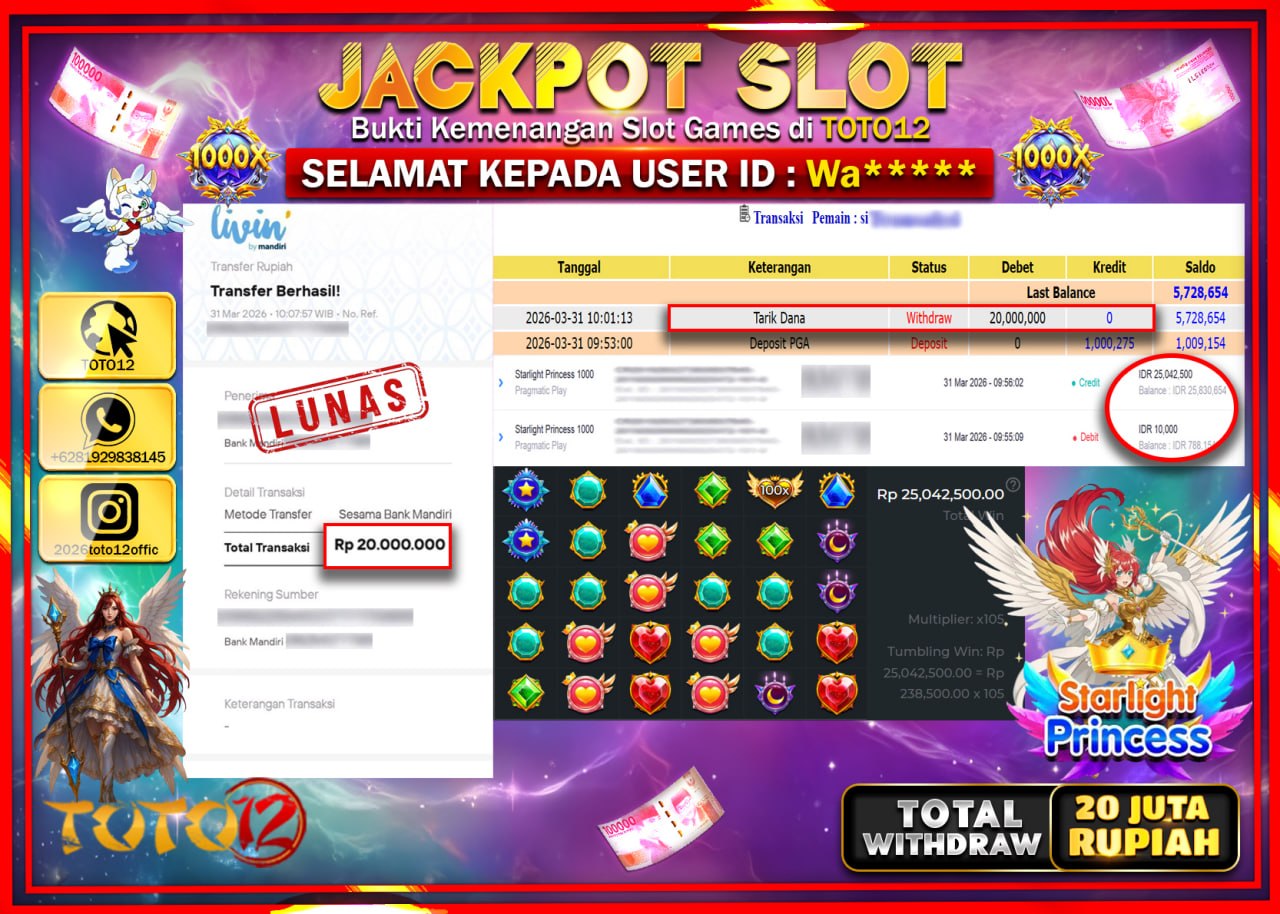 HANYA DI TOTO12 JP PASTI DI BAYAR LUNAS DAN CEPAT!!!!!! JACKPOT SLOT GAME (STARLIGHT PRINCES) Rp.20.000.000!!!!