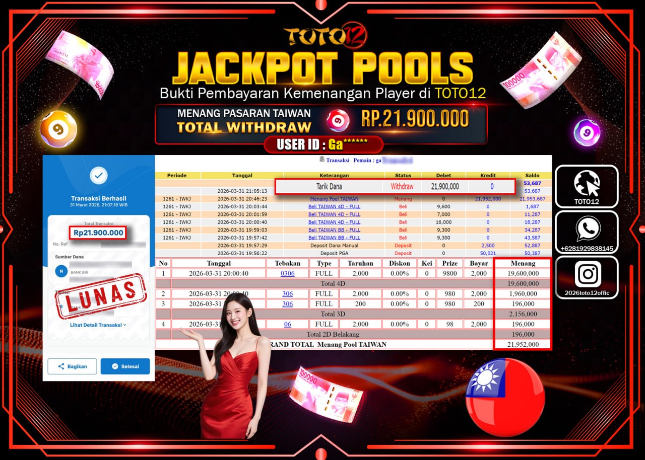 HANYA DI TOTO12 JP PASTI DI BAYAR LUNAS DAN CEPAT!!!!!! JACKPOT POOLS PASARAN( TAIWAN ) Rp.21.900.000!!!!