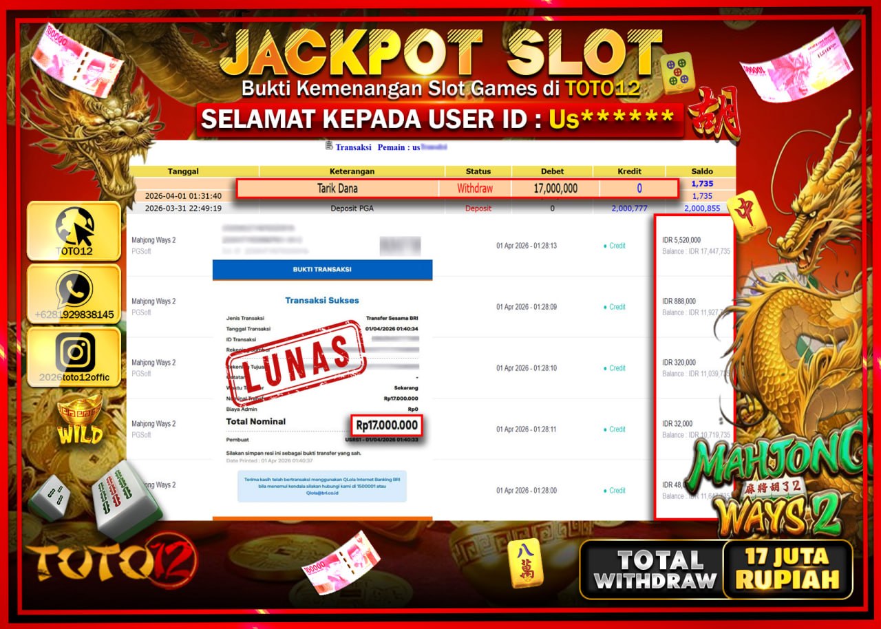 HANYA DI TOTO12 JP PASTI DI BAYAR LUNAS DAN CEPAT!!!!!! JACKPOT SLOT GAME (MAHJONG WAYS 2) Rp.17.000.000!!!!