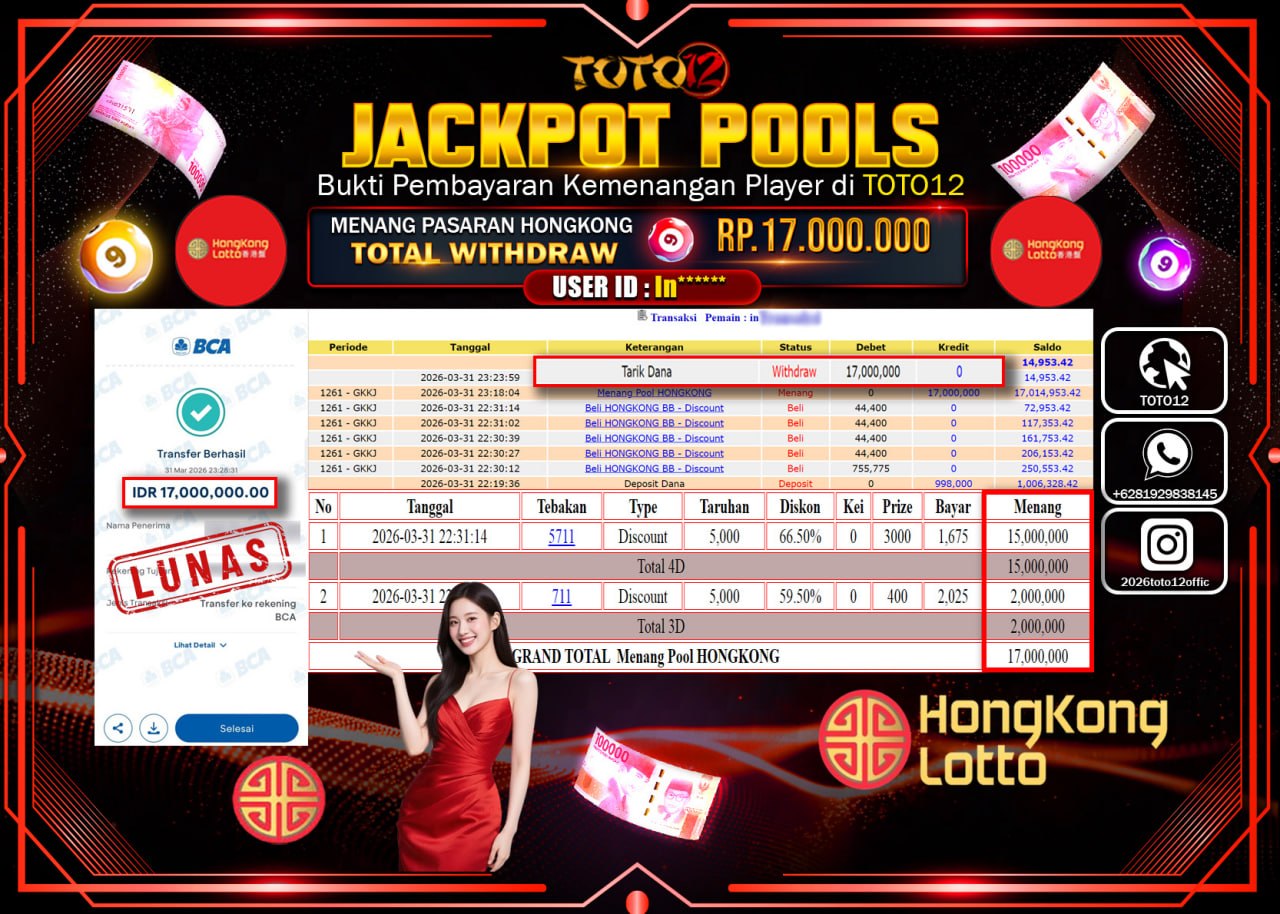HANYA DI TOTO12 JP PASTI DI BAYAR LUNAS DAN CEPAT!!!!!! JACKPOT POOLS PASARAN( HONGKONG ) Rp.17.000.000!!!!