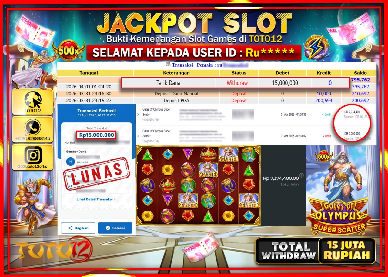 HANYA DI TOTO12 JP PASTI DI BAYAR LUNAS DAN CEPAT!!!!!! JACKPOT SLOT GAME (GATES OF OLYMPUS SUPER SCATTER) Rp.15.000.000!!!!