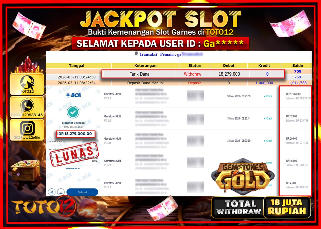 HANYA DI TOTO12 JP PASTI DI BAYAR LUNAS DAN CEPAT!!!!!! JACKPOT SLOT GAME (GAMESTONES GOLD) Rp.18.279.000!!!!