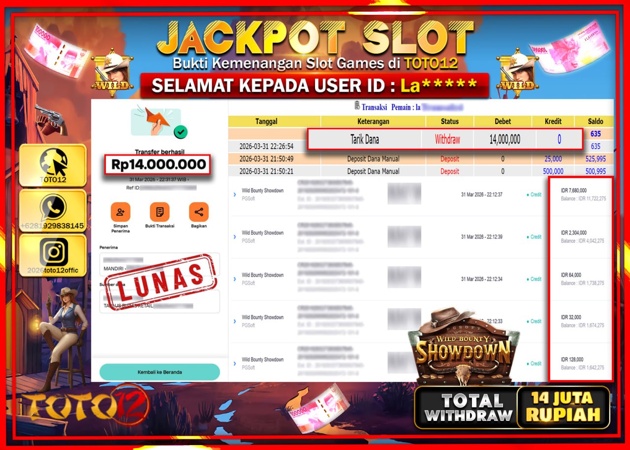 HANYA DI TOTO12 JP PASTI DI BAYAR LUNAS DAN CEPAT!!!!!! JACKPOT SLOT GAME (WILD BOUNTY SHOWDOWN) Rp.14.000.000!!!!