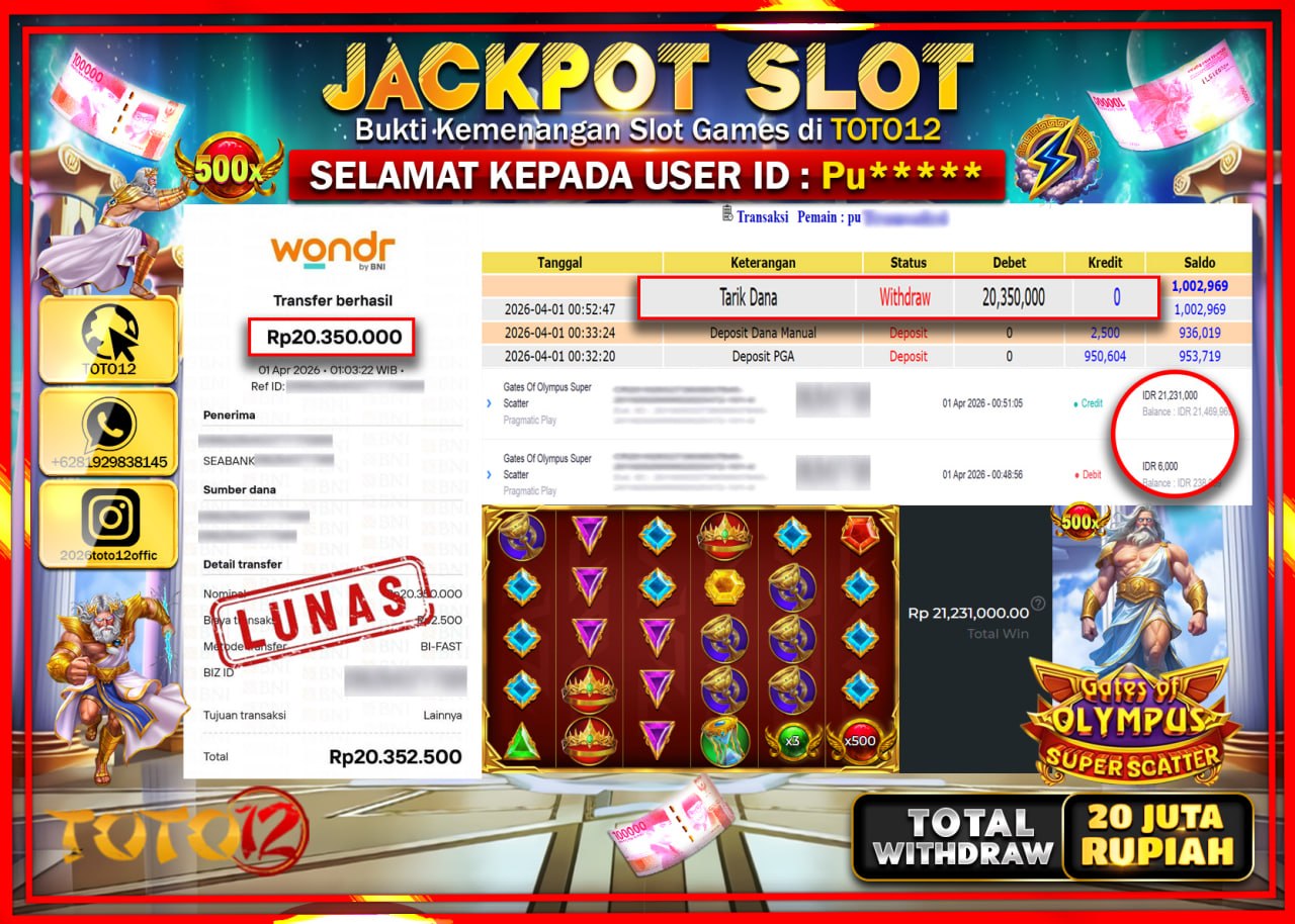 HANYA DI TOTO12 JP PASTI DI BAYAR LUNAS DAN CEPAT!!!!!! JACKPOT SLOT GAME (GATES OF OLYMPUS SUPER SCATTER) Rp.20.350.000!!!!