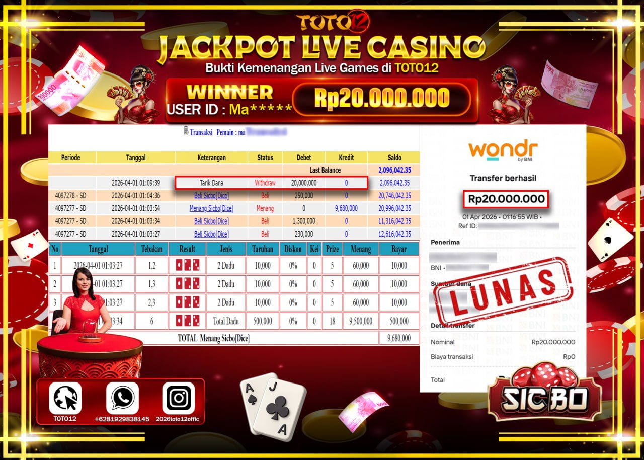HANYA DI TOTO12 JP PASTI DI BAYAR LUNAS DAN CEPAT!!!!!! JACKPOT LIVE GAMES CASINO (SICBO) Rp.20.000.000!!!!
