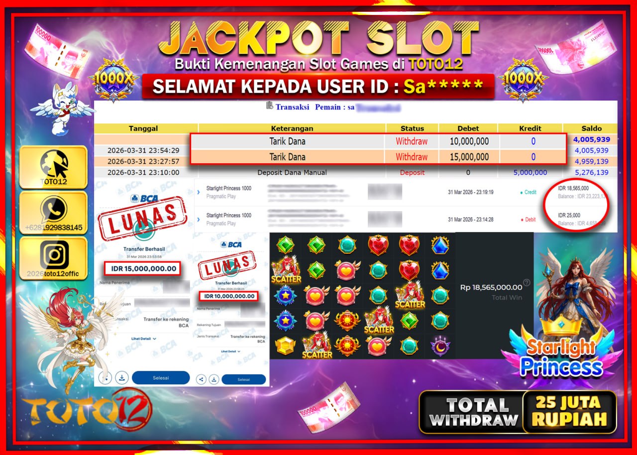 HANYA DI TOTO12 JP PASTI DI BAYAR LUNAS DAN CEPAT!!!!!! JACKPOT SLOT GAME (STARLIGHT PRINCES) Rp.25.000.000!!!!