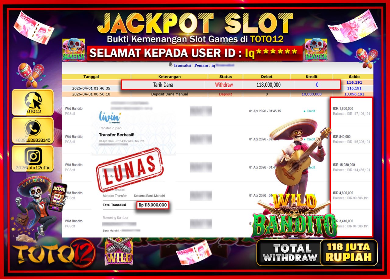 HANYA DI TOTO12 JP PASTI DI BAYAR LUNAS DAN CEPAT!!!!!! JACKPOT SLOT GAME (WILD BANDITO) Rp.118.000.000!!!!