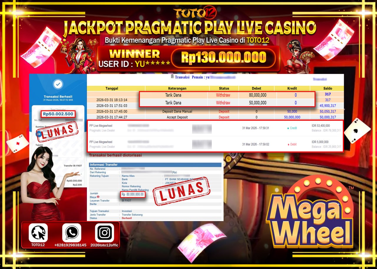 HANYA DI TOTO12 JP PASTI DI BAYAR LUNAS DAN CEPAT!!!!!! JACKPOT PRAGMATIC PLAY LIVE GAME CASINO (PP LIVE MEGAWHEEL) Rp.130.000.000!!!!