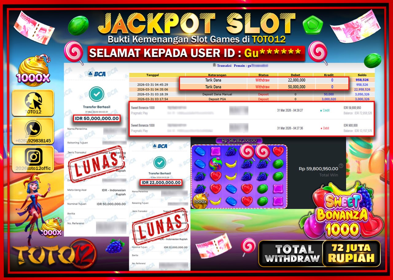 HANYA DI TOTO12 JP PASTI DI BAYAR LUNAS DAN CEPAT!!!!!! JACKPOT SLOT GAME (SWEET BONANZA 1000) Rp.72.000.000!!!!