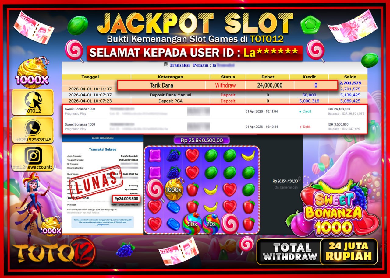 HANYA DI TOTO12 JP PASTI DI BAYAR LUNAS DAN CEPAT!!!!!! JACKPOT SLOT GAME (SWEET BONANZA 1000) Rp.24.000.000!!!!