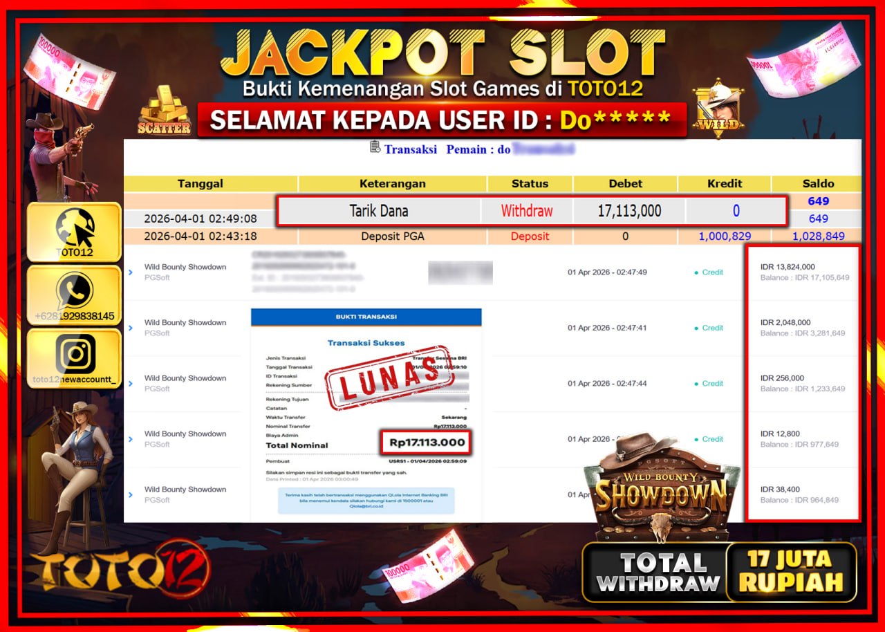 HANYA DI TOTO12 JP PASTI DI BAYAR LUNAS DAN CEPAT!!!!!! JACKPOT SLOT GAME (WILD BOUNTY SHOWDOWN) Rp.17.113.000!!!!