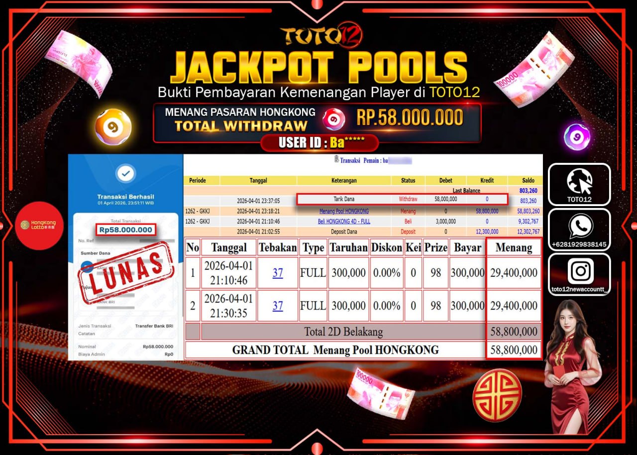HANYA DI TOTO12 JP PASTI DI BAYAR LUNAS DAN CEPAT!!!!!! JACKPOT POOLS PASARAN( HONGKONG ) Rp.58.000.000!!!!