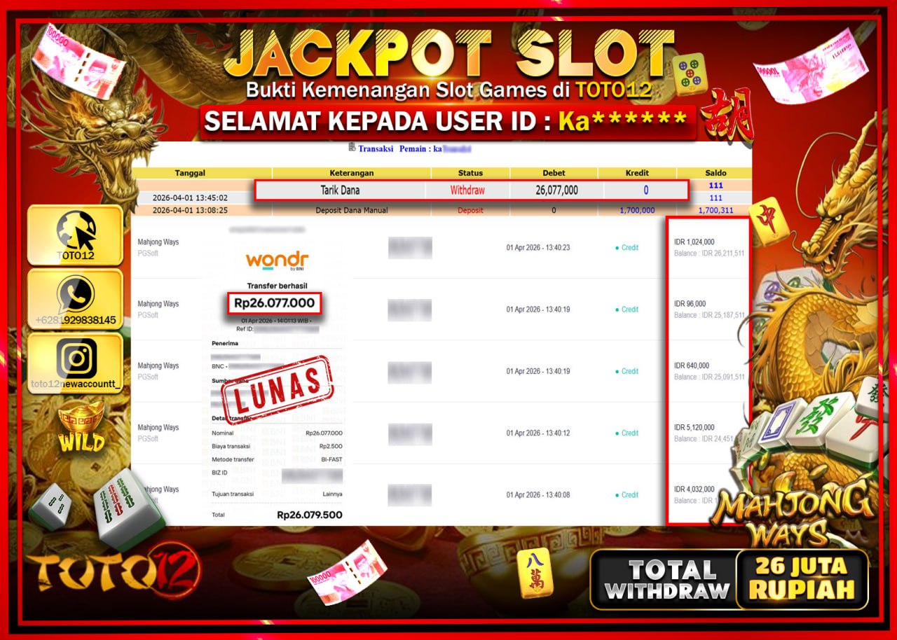 HANYA DI TOTO12 JP PASTI DI BAYAR LUNAS DAN CEPAT!!!!!! JACKPOT SLOT GAME (MAHJONG WAYS) Rp.26.077.000!!!!