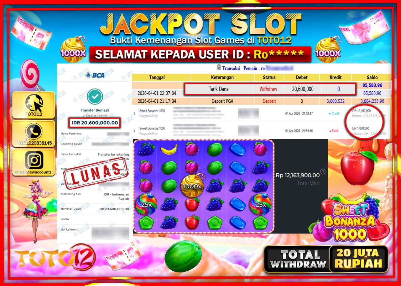 HANYA DI TOTO12 JP PASTI DI BAYAR LUNAS DAN CEPAT!!!!!! JACKPOT SLOT GAME (SWEET BONANZA 1000) Rp.20.600.000!!!!