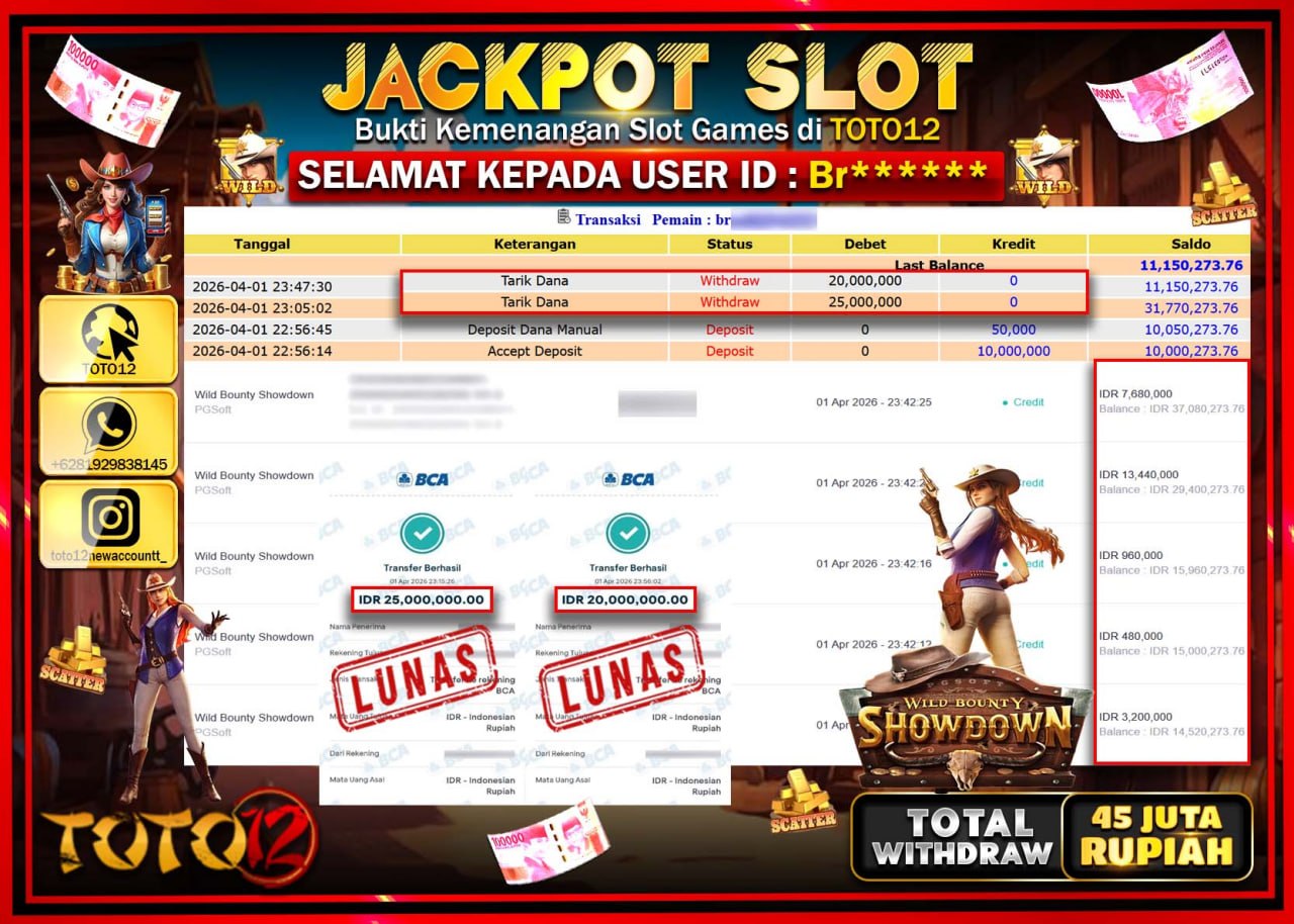 HANYA DI TOTO12 JP PASTI DI BAYAR LUNAS DAN CEPAT!!!!!! JACKPOT SLOT GAME (WILD BOUNTY SHOWDOWN) Rp.45.000.000!!!!