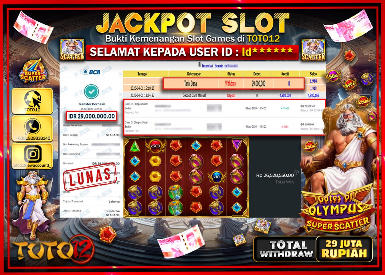 HANYA DI TOTO12 JP PASTI DI BAYAR LUNAS DAN CEPAT!!!!!! JACKPOT SLOT GAME (GATES OF OLYMPUS SUPER SCATTER) Rp.29.000.000!!!!