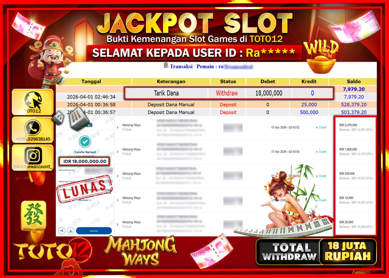 HANYA DI TOTO12 JP PASTI DI BAYAR LUNAS DAN CEPAT!!!!!! JACKPOT SLOT GAME (MAHJONG WAYS) Rp.18.000.000!!!!