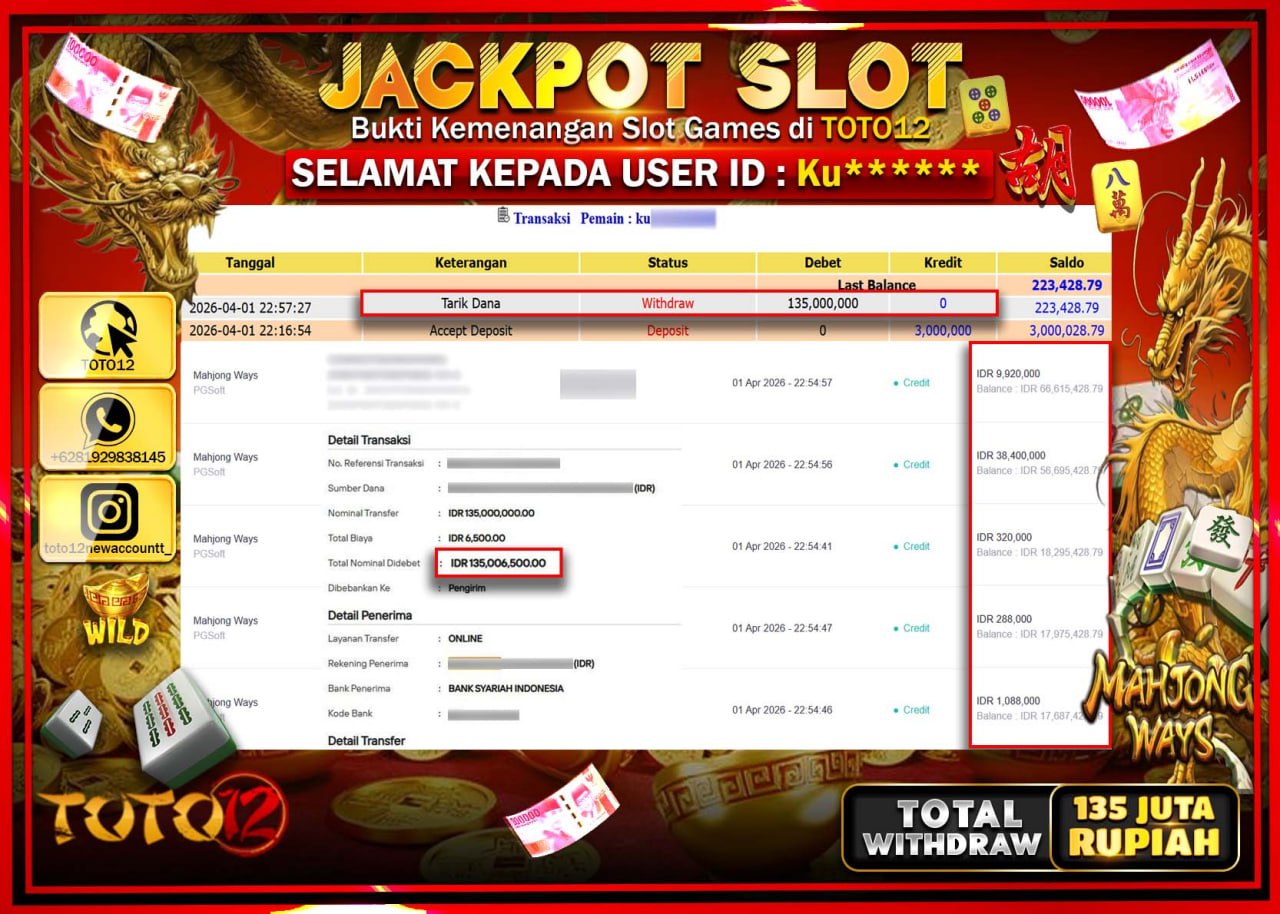 HANYA DI TOTO12 JP PASTI DI BAYAR LUNAS DAN CEPAT!!!!!! JACKPOT SLOT GAME (MAHJONG WAYS) Rp.135.000.000!!!!