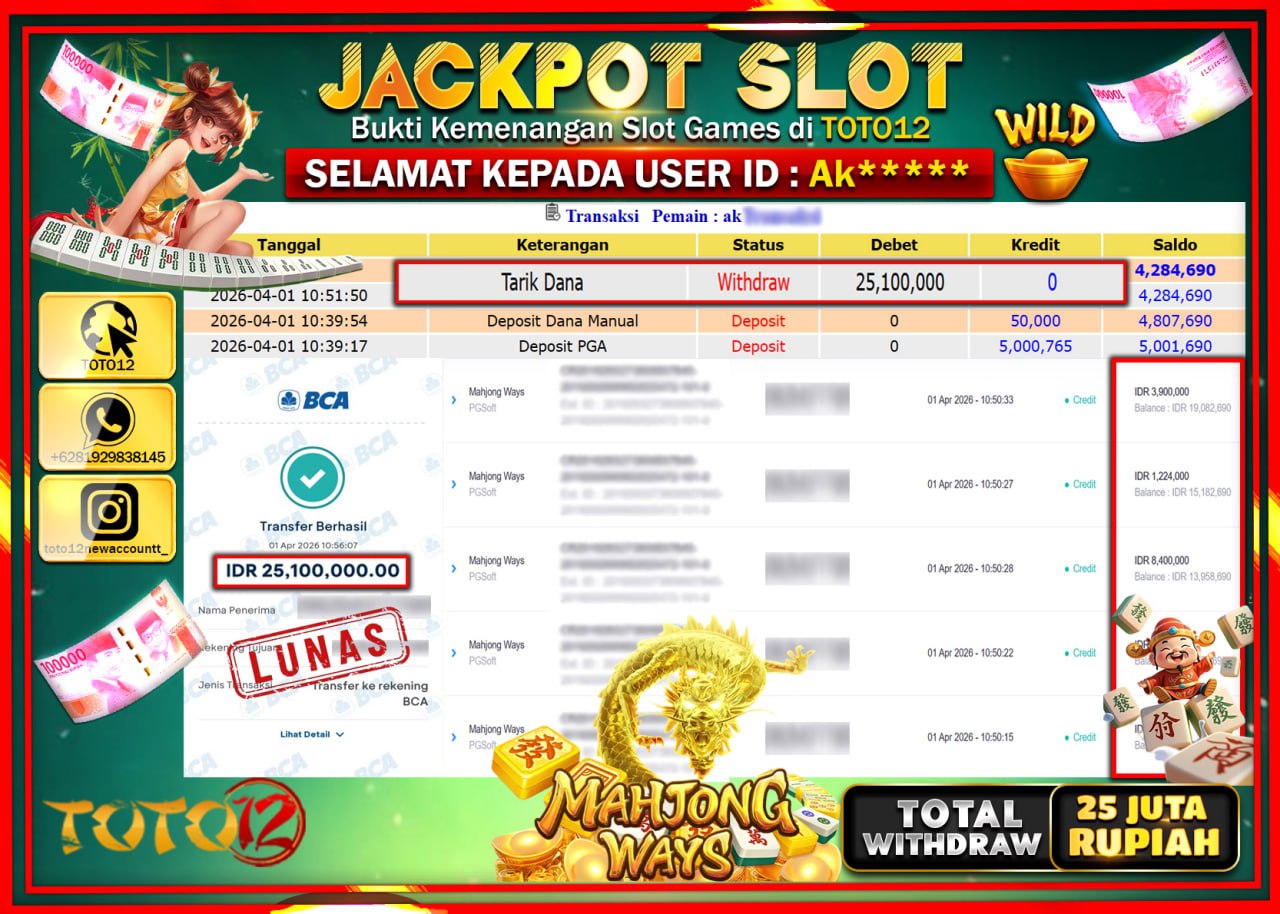 HANYA DI TOTO12 JP PASTI DI BAYAR LUNAS DAN CEPAT!!!!!! JACKPOT SLOT GAME (MAHJONG WAYS) Rp.25.100.000!!!!