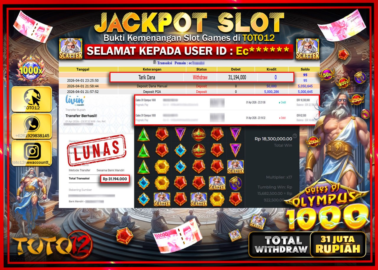 HANYA DI TOTO12 JP PASTI DI BAYAR LUNAS DAN CEPAT!!!!!! JACKPOT SLOT GAME (GATES OF OLYMPUS 1000) Rp.31.194.000!!!!