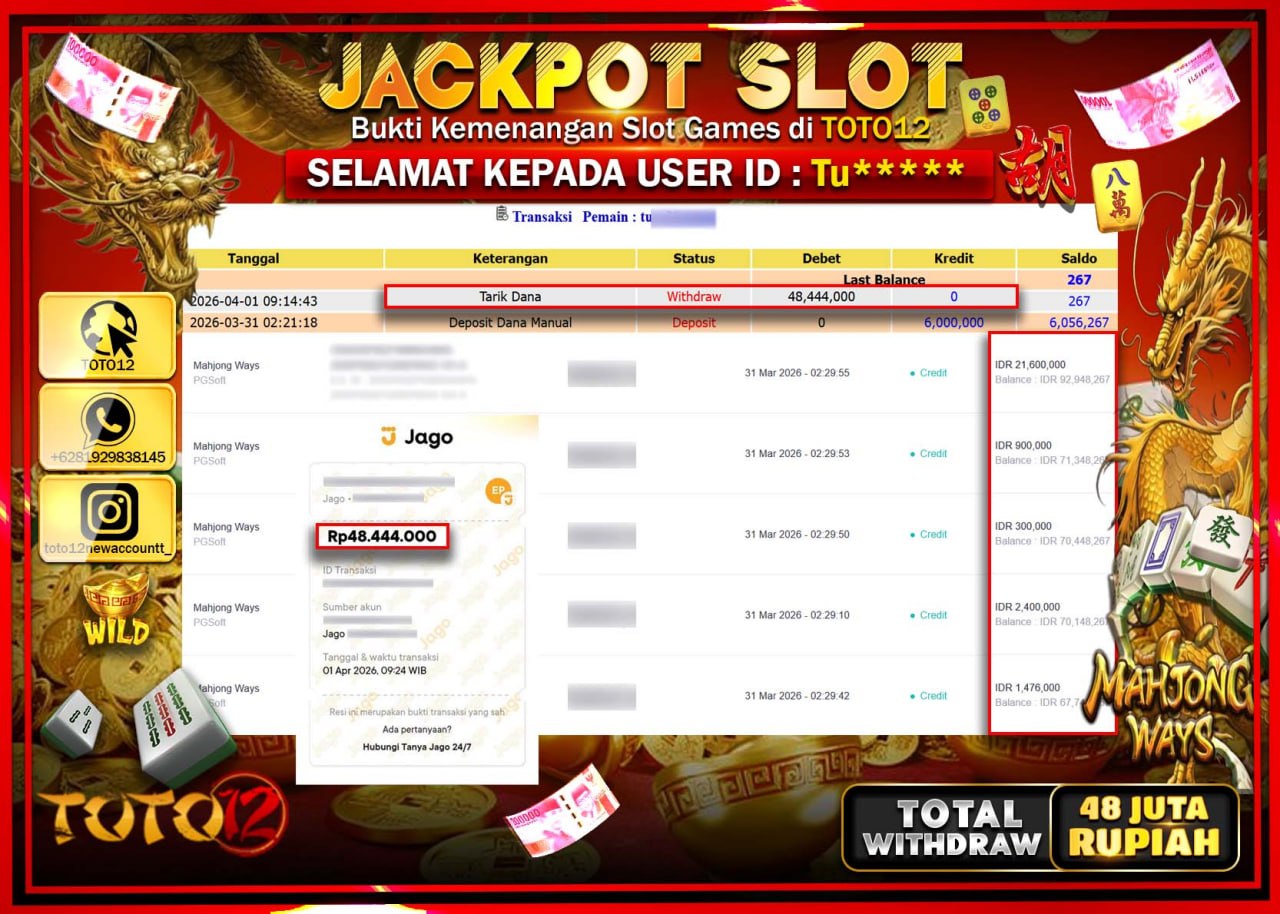 HANYA DI TOTO12 JP PASTI DI BAYAR LUNAS DAN CEPAT!!!!!! JACKPOT SLOT GAME (MAHJONG WAYS) Rp.48.444.000!!!!
