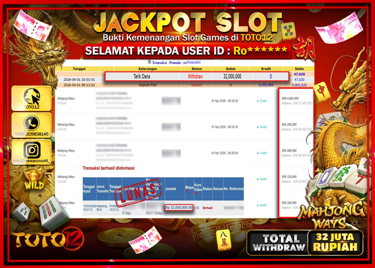 HANYA DI TOTO12 JP PASTI DI BAYAR LUNAS DAN CEPAT!!!!!! JACKPOT SLOT GAME (MAHJONG WAYS) Rp.32.000.000!!!!