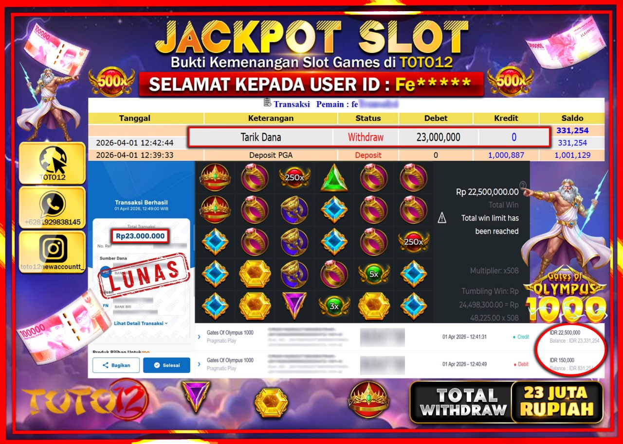 HANYA DI TOTO12 JP PASTI DI BAYAR LUNAS DAN CEPAT!!!!!! JACKPOT SLOT GAME (GATES OF OLYMPUS 1000) Rp.23.000.000!!!!
