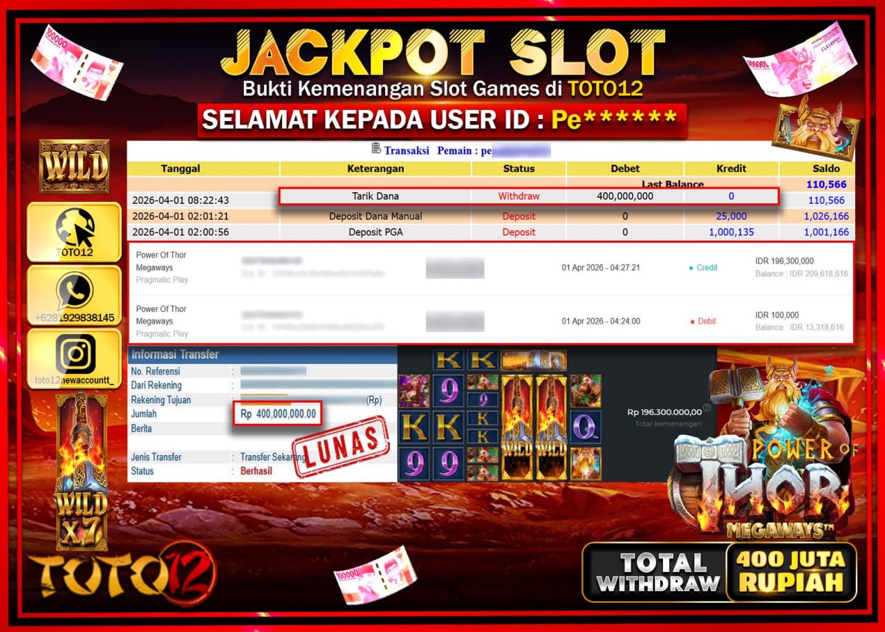 HANYA DI TOTO12 JP PASTI DI BAYAR LUNAS DAN CEPAT!!!!!! JACKPOT SLOT GAME (POWER OF THOR MEGAWAYS) Rp.400.000.000!!!!