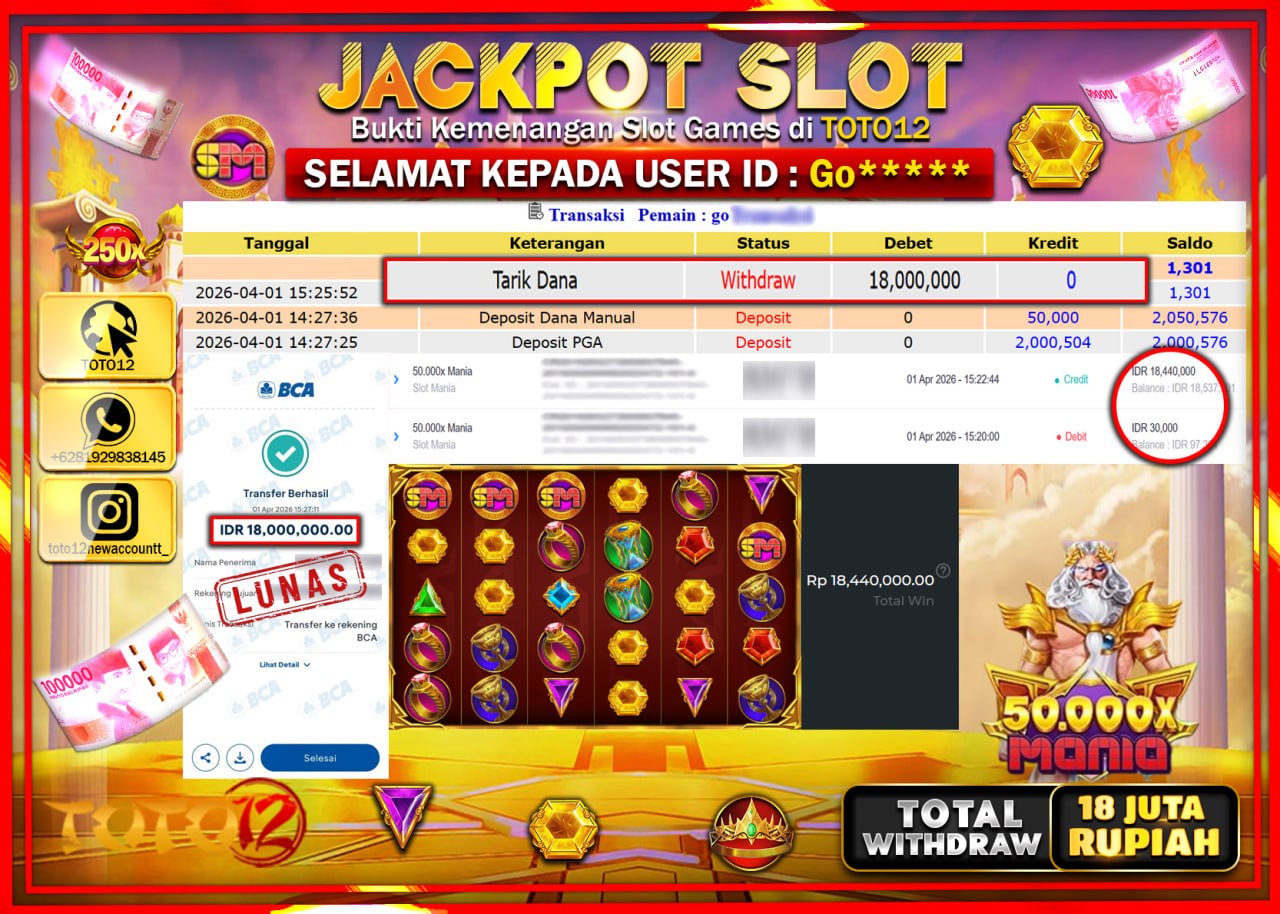 HANYA DI TOTO12 JP PASTI DI BAYAR LUNAS DAN CEPAT!!!!!! JACKPOT SLOT GAME (50.000 X MANIA) Rp.18.000.000!!!!