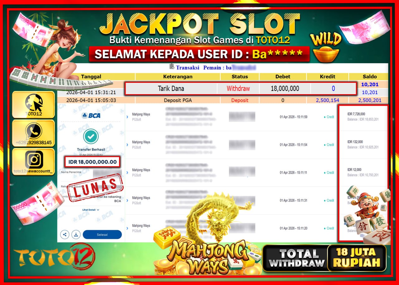 HANYA DI TOTO12 JP PASTI DI BAYAR LUNAS DAN CEPAT!!!!!! JACKPOT SLOT GAME (MAHJONG WAYS) Rp.18.000.000!!!!
