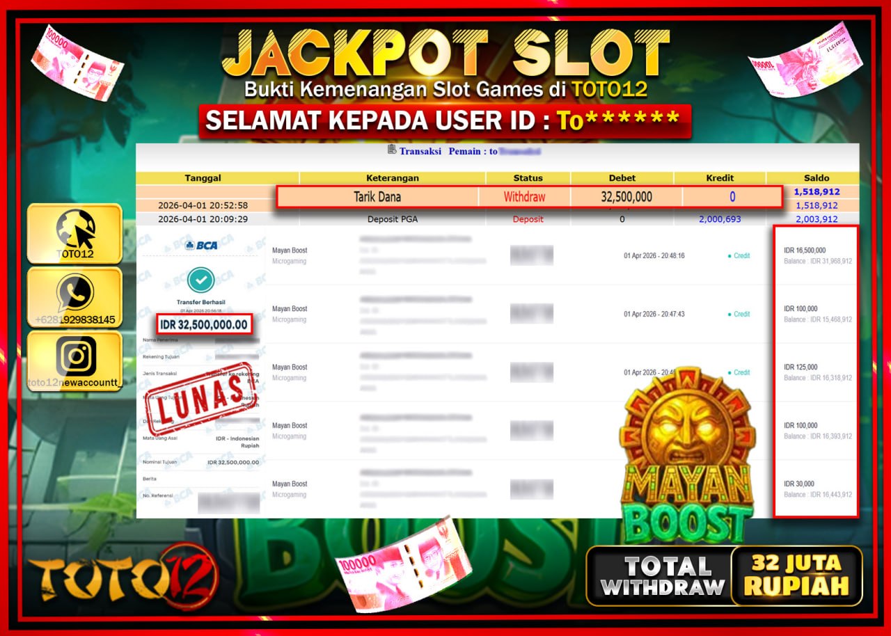 HANYA DI TOTO12 JP PASTI DI BAYAR LUNAS DAN CEPAT!!!!!! JACKPOT SLOT GAME (MAYAN BOOST) Rp.32.500.000!!!!