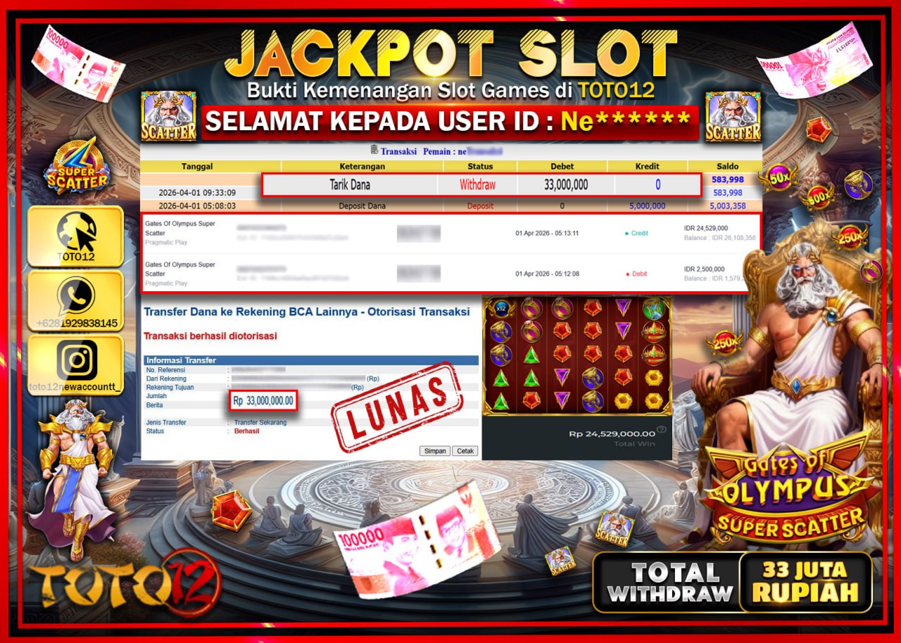 HANYA DI TOTO12 JP PASTI DI BAYAR LUNAS DAN CEPAT!!!!!! JACKPOT SLOT GAME (GATES OF OLYMPUS SUPER SCATTER) Rp.33.000.000!!!!