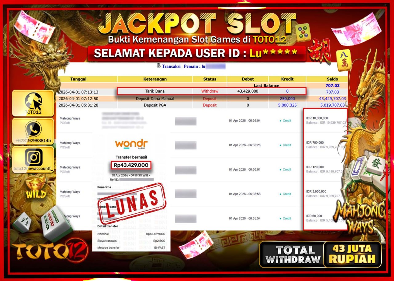 HANYA DI TOTO12 JP PASTI DI BAYAR LUNAS DAN CEPAT!!!!!! JACKPOT SLOT GAME (MAHJONG WAYS) Rp.43.429.000!!!!