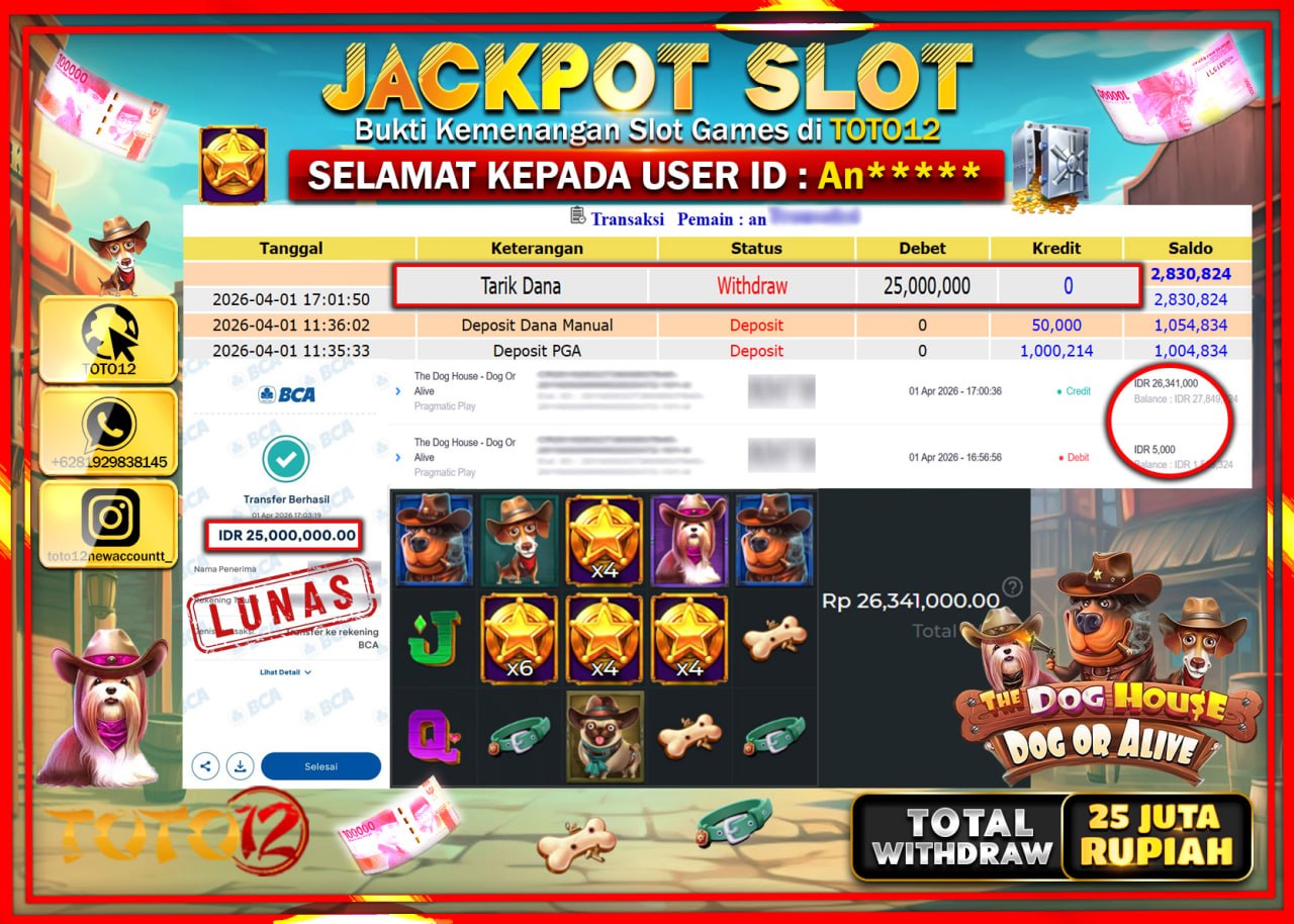 HANYA DI TOTO12 JP PASTI DI BAYAR LUNAS DAN CEPAT!!!!!! JACKPOT SLOT GAME (THE DOG HOUS-DOG OR ALIVE) Rp.25.000.000!!!!