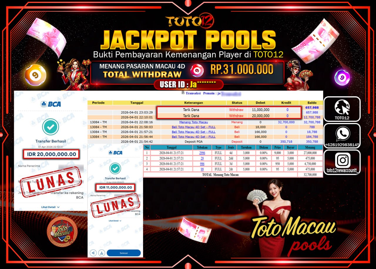 HANYA DI TOTO12 JP PASTI DI BAYAR LUNAS DAN CEPAT!!!!!! JACKPOT POOLS PASARAN(MACAU 4D) Rp.31.000.000!!!!