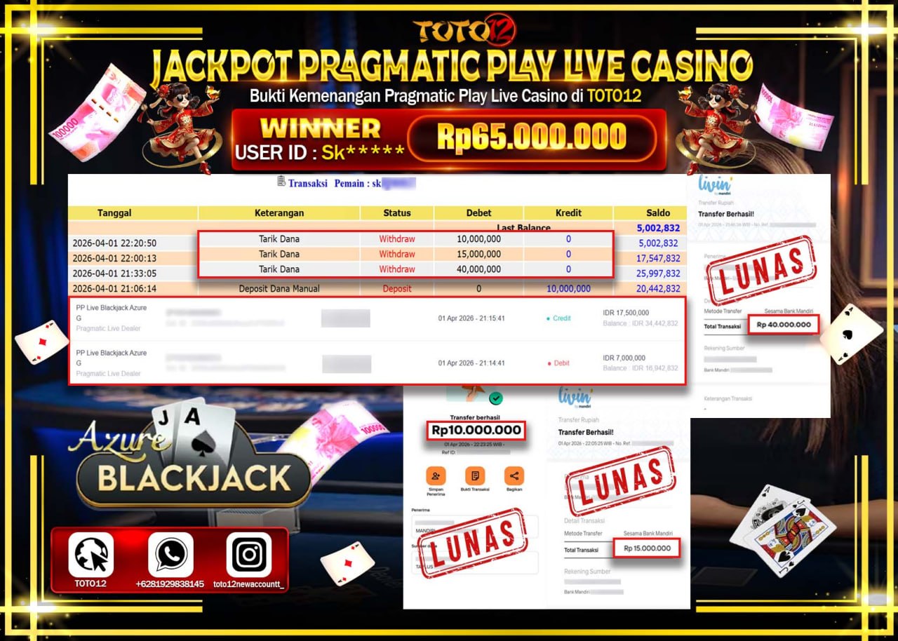 HANYA DI TOTO12 JP PASTI DI BAYAR LUNAS DAN CEPAT!!!!!! JACKPOT PRAGMATIC PLAY LIVE GAME CASINO (PP LIVE BLACKJACK AZURE G) Rp.65.000.000!!!!