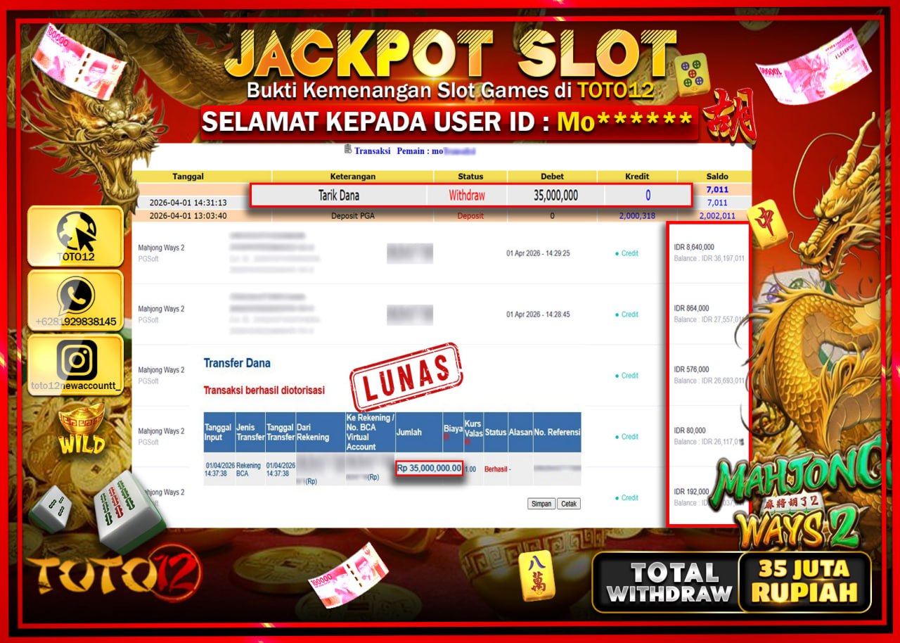 HANYA DI TOTO12 JP PASTI DI BAYAR LUNAS DAN CEPAT!!!!!! JACKPOT SLOT GAME (MAHJONG WAYS 2) Rp.35.000.000!!!!