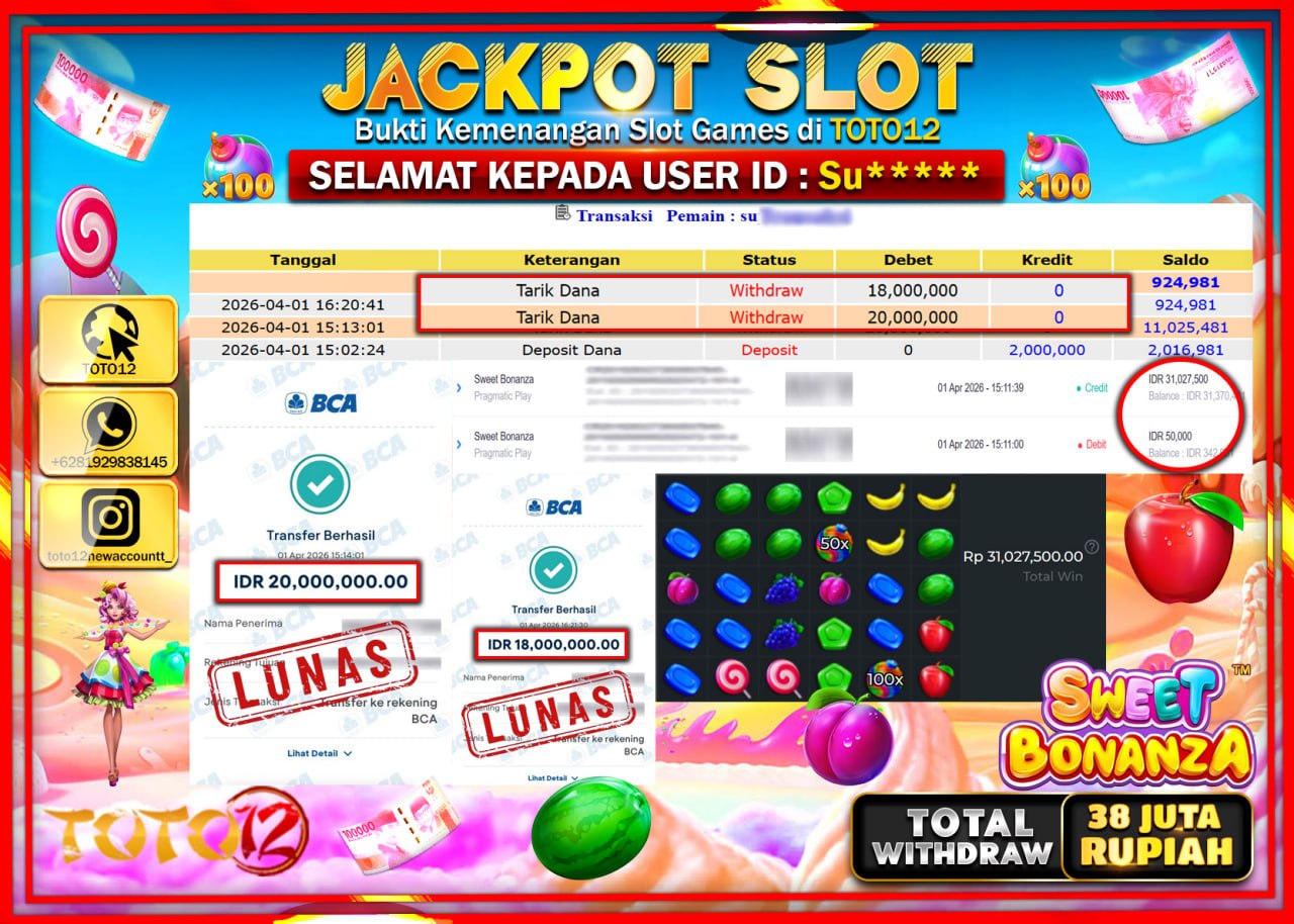 HANYA DI TOTO12 JP PASTI DI BAYAR LUNAS DAN CEPAT!!!!!! JACKPOT SLOT GAME (SWEET BONANZA) Rp.38.000.000!!!!