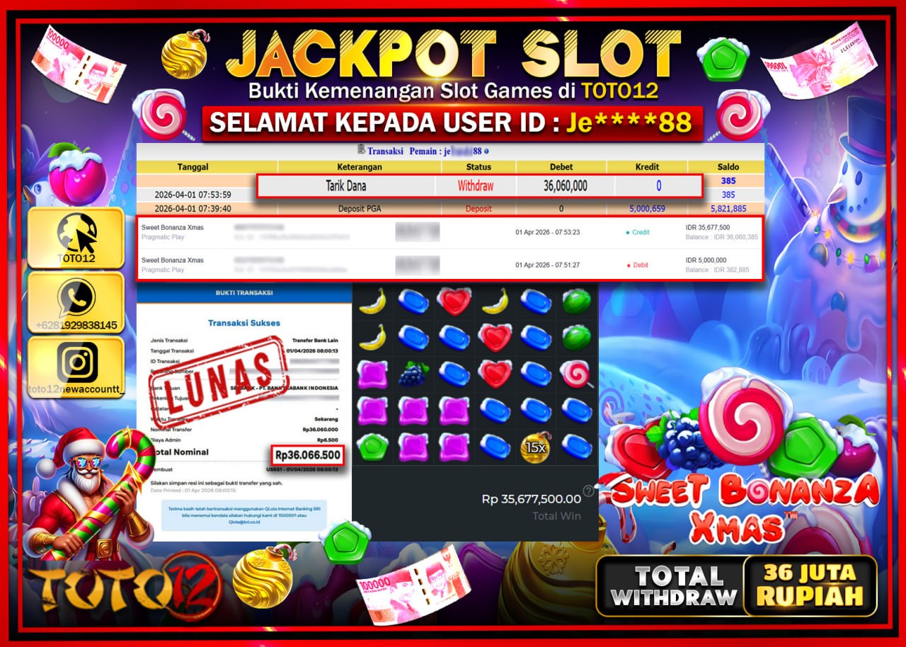 HANYA DI TOTO12 JP PASTI DI BAYAR LUNAS DAN CEPAT!!!!!! JACKPOT SLOT GAME (SWEET BONANZA XMAS) Rp.36.060.000!!!!