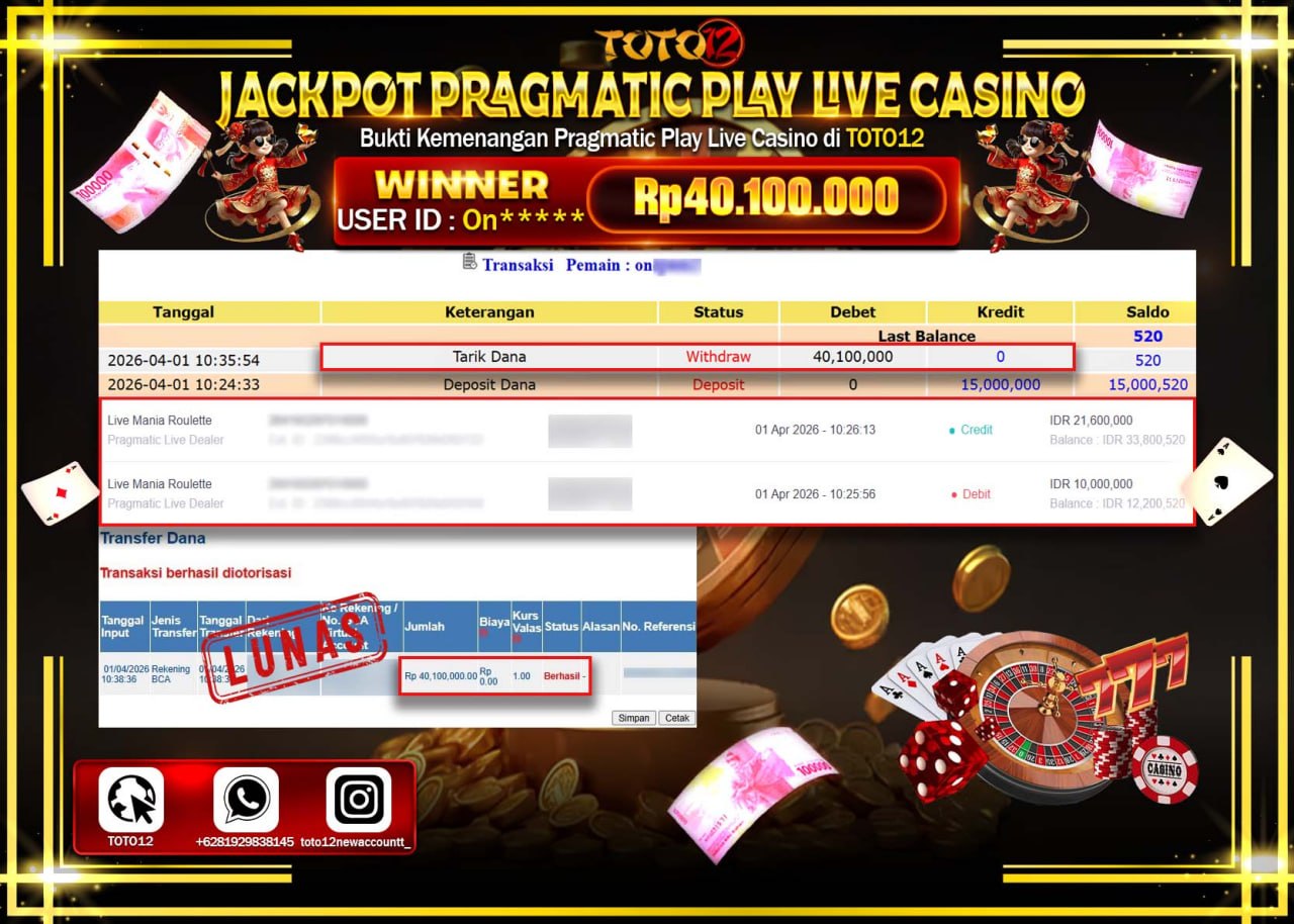 HANYA DI TOTO12 JP PASTI DI BAYAR LUNAS DAN CEPAT!!!!!! JACKPOT PRAGMATIC PLAY LIVE GAME CASINO (LIVE MANIA ROULETTE) Rp.40.100.000!!!!