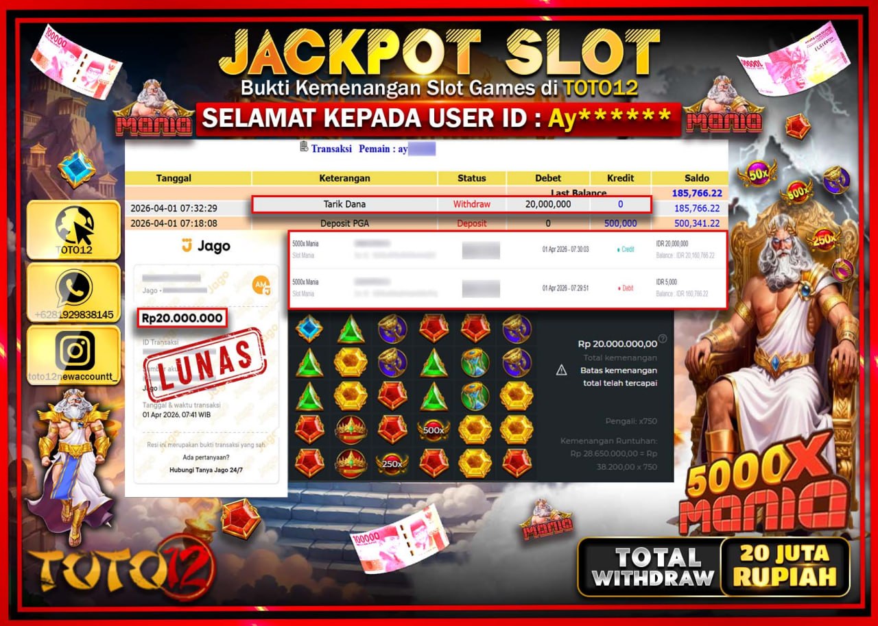 HANYA DI TOTO12 JP PASTI DI BAYAR LUNAS DAN CEPAT!!!!!! JACKPOT SLOT GAME (5000 X MANIA) Rp.20.000.000!!!!