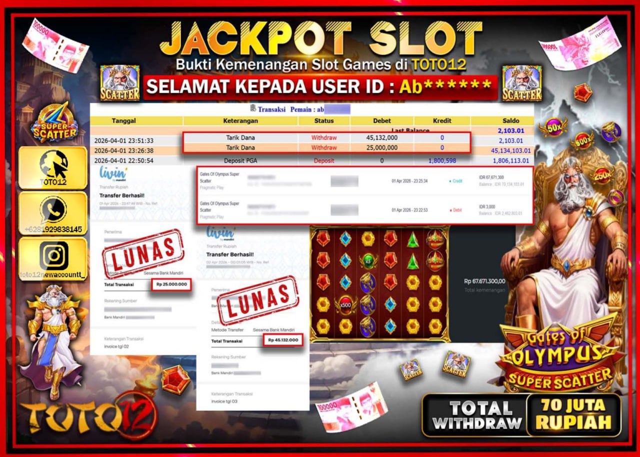 HANYA DI TOTO12 JP PASTI DI BAYAR LUNAS DAN CEPAT!!!!!! JACKPOT SLOT GAME (GATES OF OLYMPUS SUPER SCATTER) Rp.70.132.000!!!!