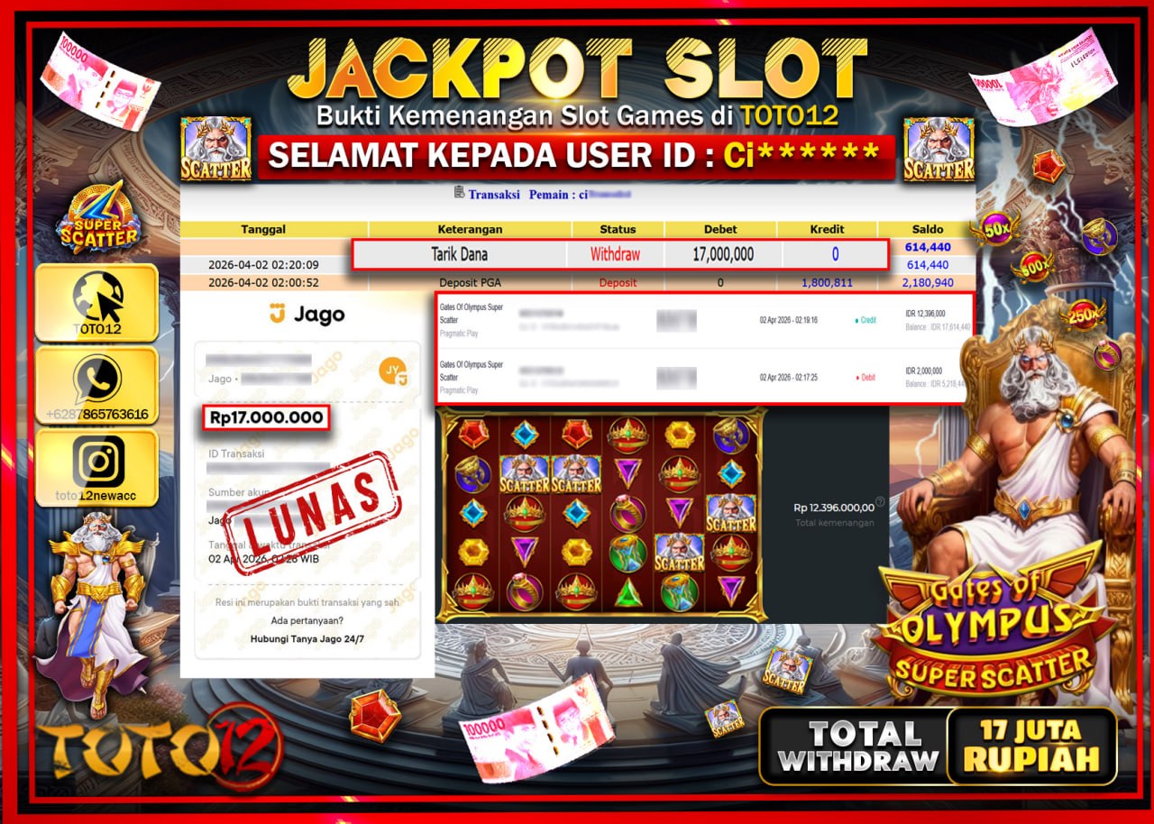 HANYA DI TOTO12 JP PASTI DI BAYAR LUNAS DAN CEPAT!!!!!! JACKPOT SLOT GAME (GATES OF OLYMPUS SUPER SCATTER) Rp.17.000.000!!!!