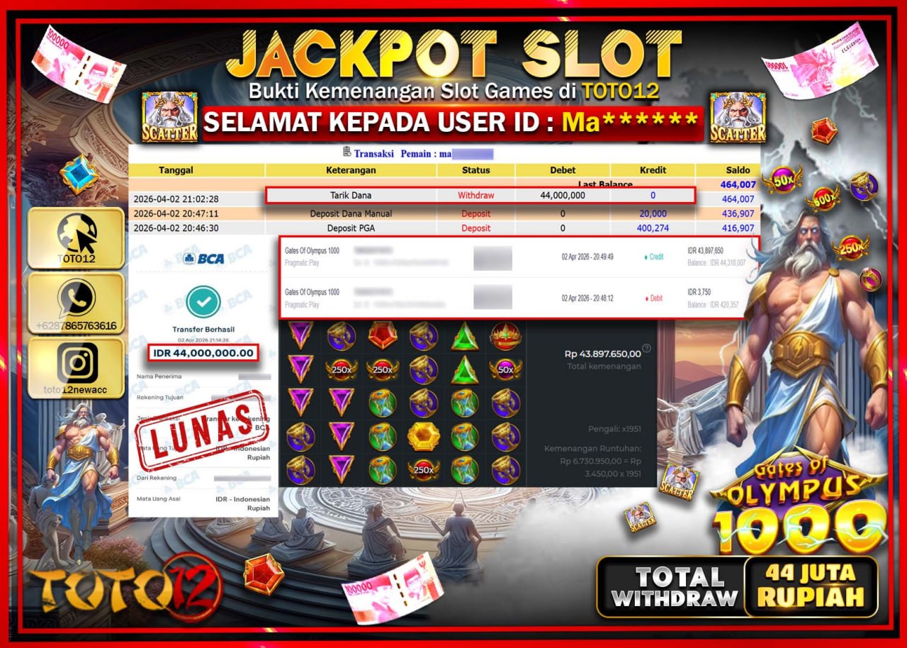 HANYA DI TOTO12 JP PASTI DI BAYAR LUNAS DAN CEPAT!!!!!! JACKPOT SLOT GAME (GATES OF OLYMPUS 1000) Rp.44.000.000!!!!