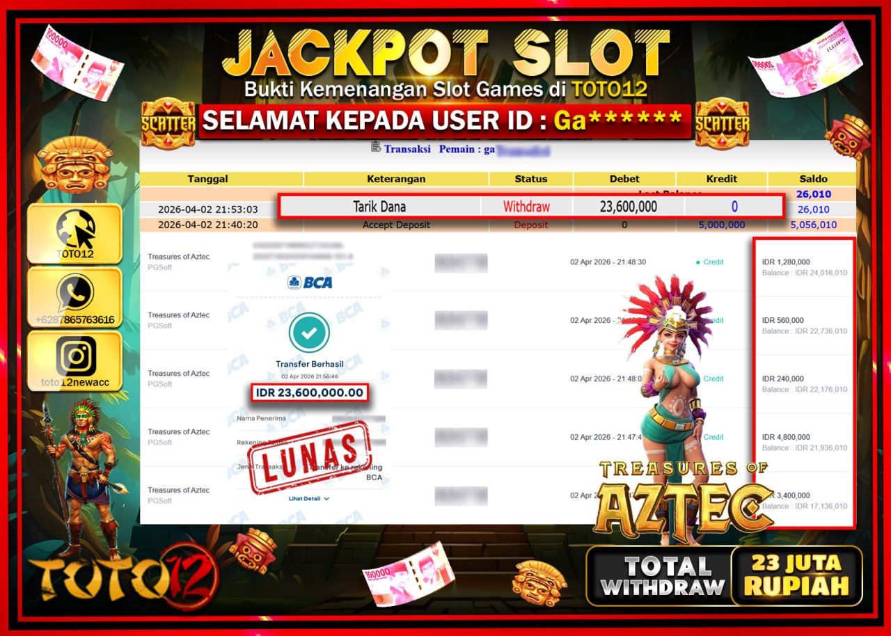 HANYA DI TOTO12 JP PASTI DI BAYAR LUNAS DAN CEPAT!!!!!! JACKPOT SLOT GAME (TRASURES OF AZTEC) Rp.23.600.000!!!!