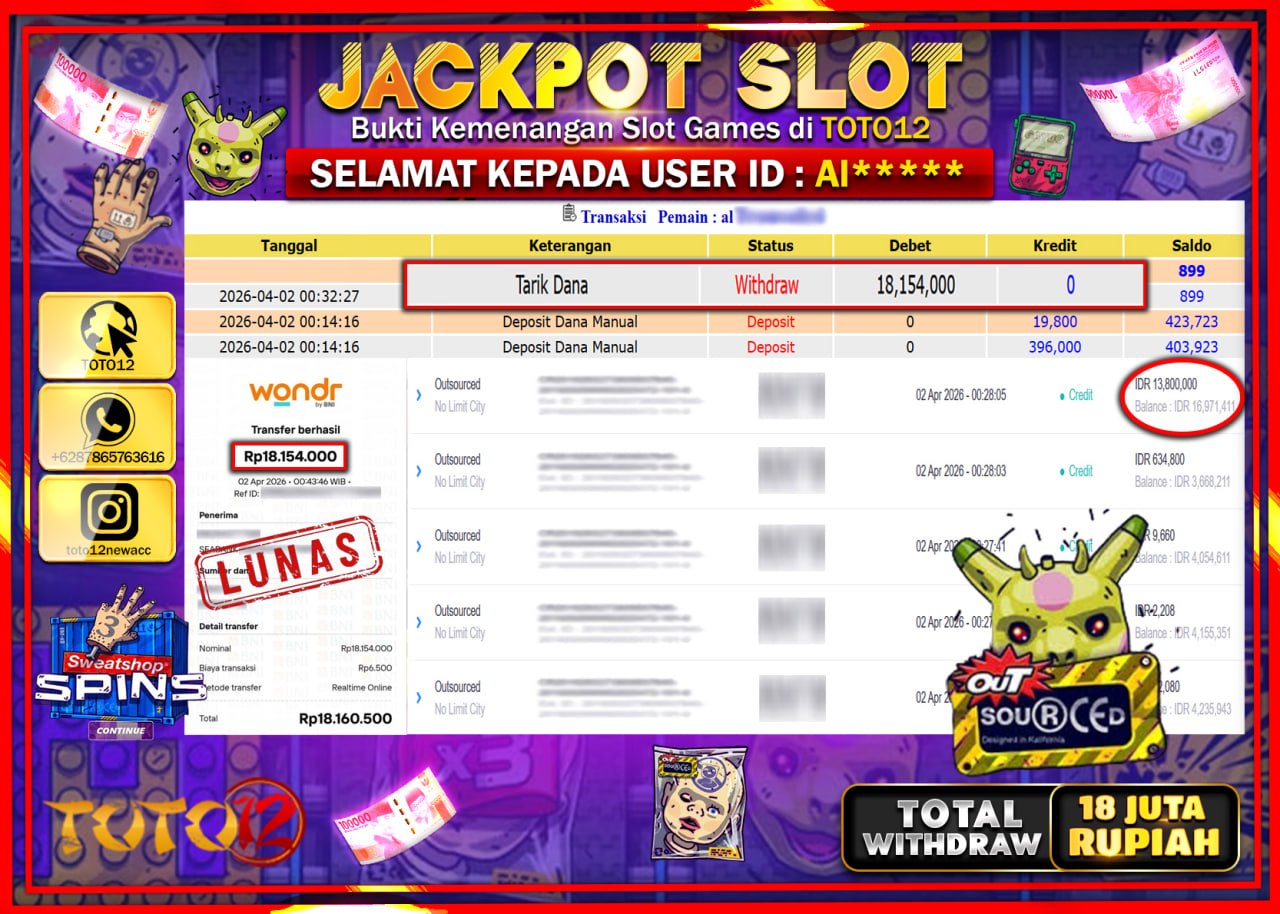 HANYA DI TOTO12 JP PASTI DI BAYAR LUNAS DAN CEPAT!!!!!! JACKPOT SLOT GAME (OUTSOURCED) Rp.18.154.000!!!!