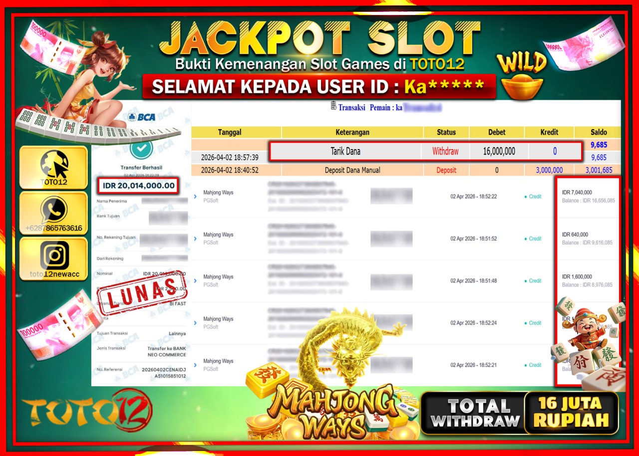HANYA DI TOTO12 JP PASTI DI BAYAR LUNAS DAN CEPAT!!!!!! JACKPOT SLOT GAME (MAHJONG WAYS) Rp.16.000.000!!!!