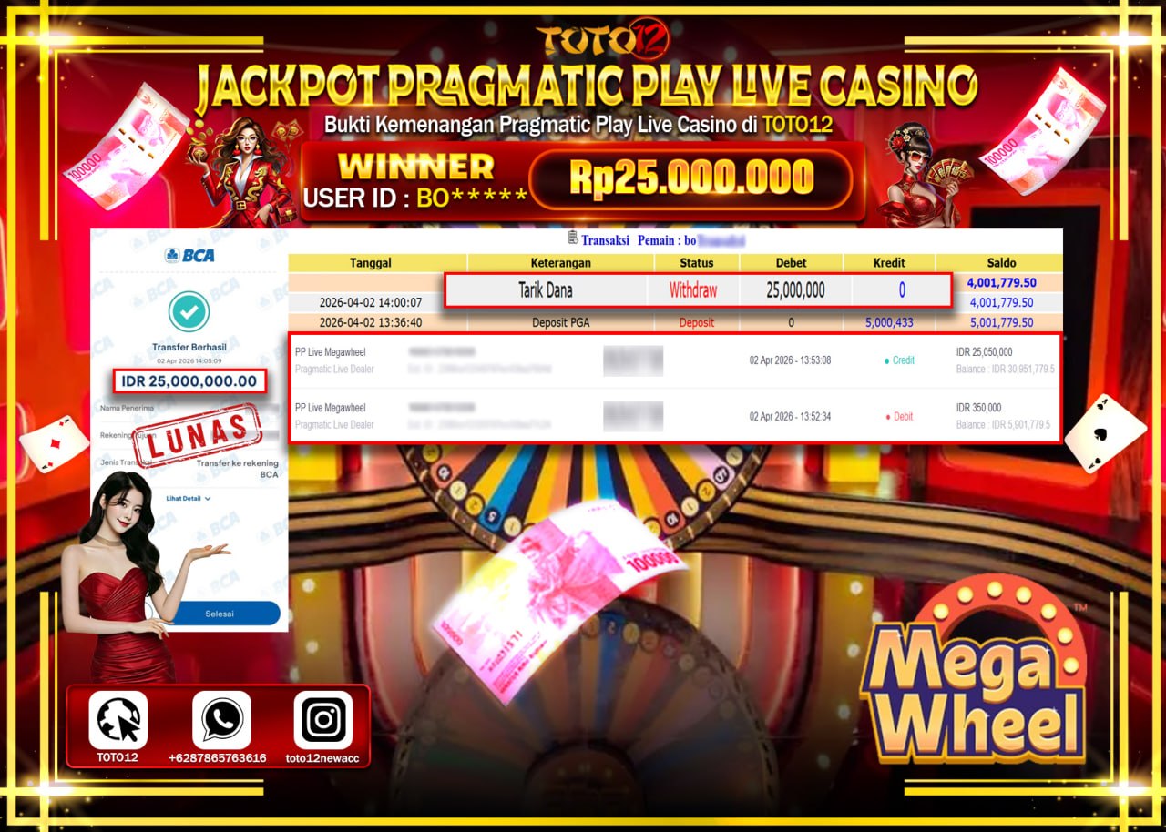 HANYA DI TOTO12 JP PASTI DI BAYAR LUNAS DAN CEPAT!!!!!! JACKPOT PRAGMATIC PLAY LIVE GAME CASINO (PP LIVE MEGAWHEEL) Rp.25.000.000!!!!